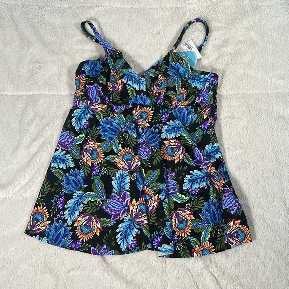 Swim Solutions Tankini Top Swimsuit size 10 Boho Paisley V Neck Underwire NEW - Picture 2 of 16